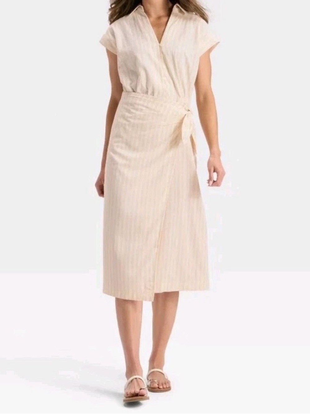 Universal Thread Cream Striped Midi Shirt Dress with Tie Waist